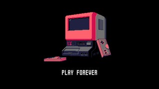 The words "Play Forever" written beneath a retro-looking computer/game console