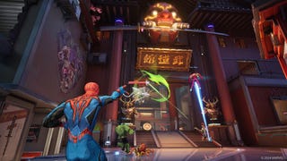Spider-Man shoots a web towards Iron Man